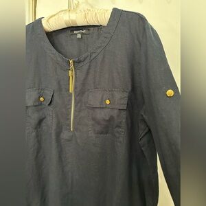 EUC women’s Ellen Tracy tunic blue gold teasel hardware Sz PXL